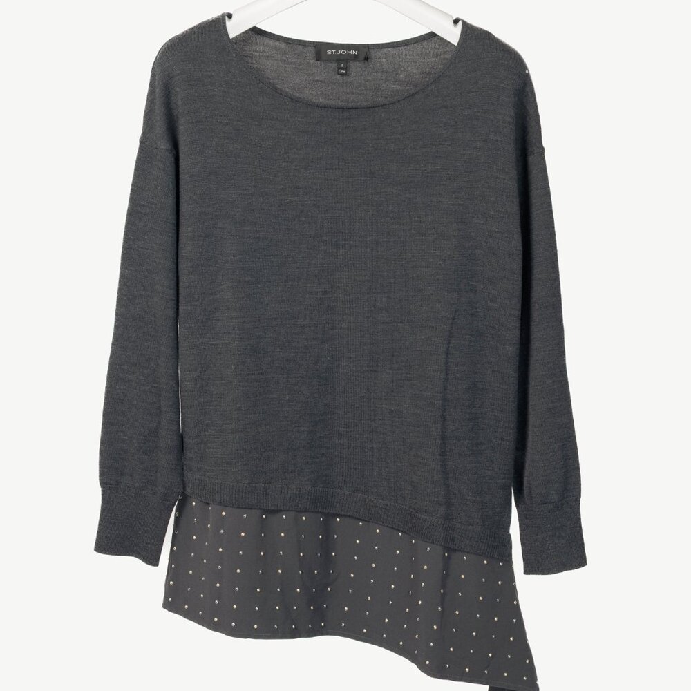 St. John R18 Grey Wool Asymmetrical Studded-Hem Sweater